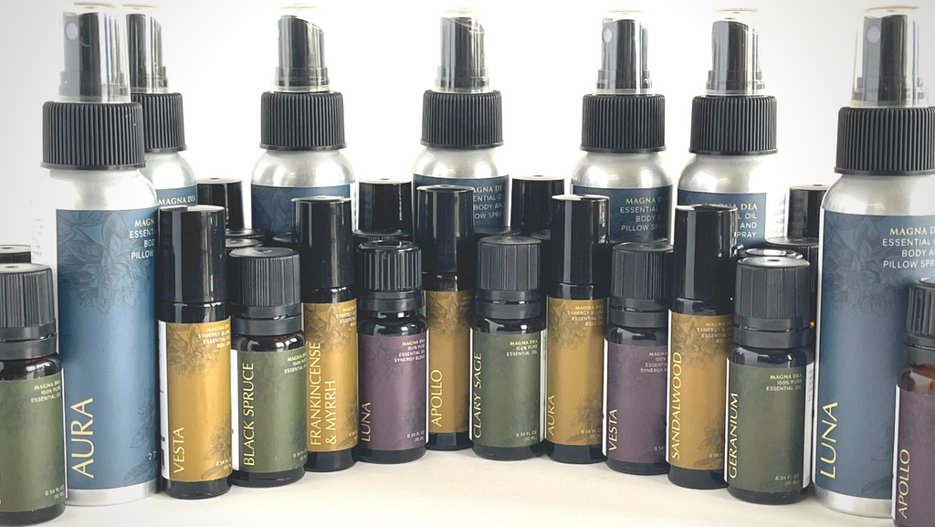 Magna Dea Goddess Inspired 100% Pure Essential Oils. Blends include Aura, Luna, Diana, Apollo, Vesta, Diana