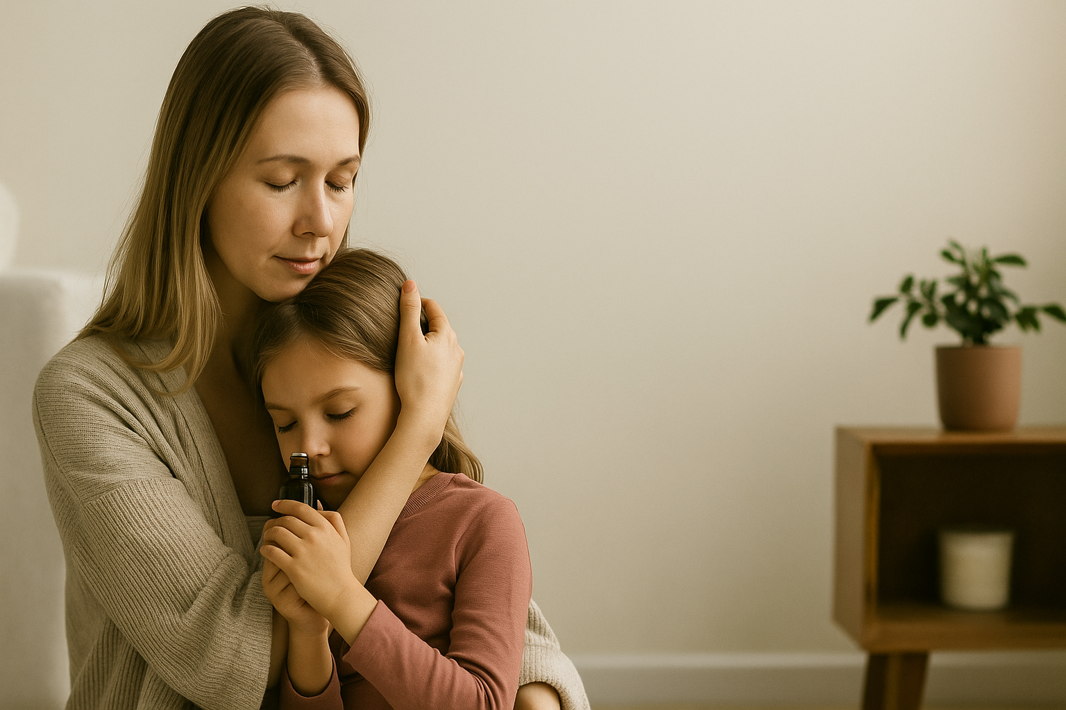 Mother and neurodivergent child practicing breathwork and aromatherapy together in a calm home setting